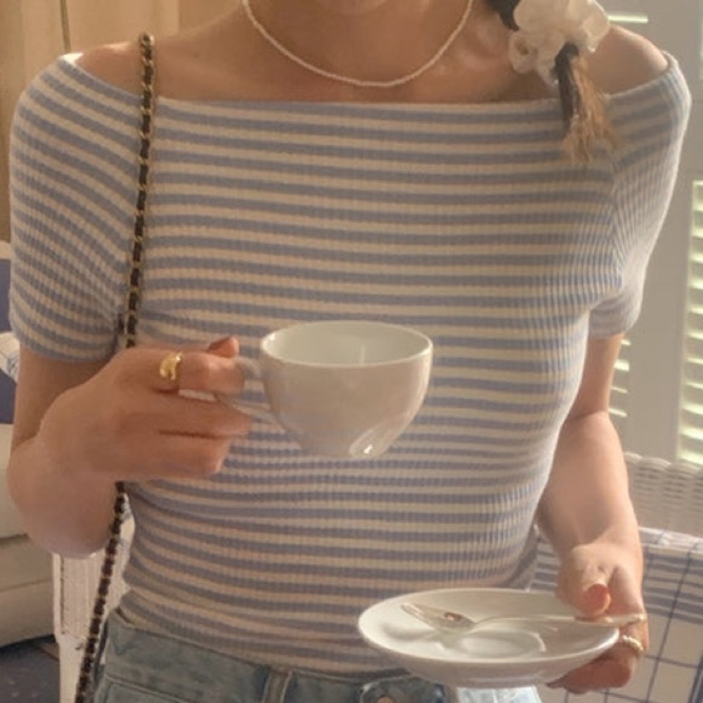 OAK + FORT Blue and White Striped Short Sleeve Top